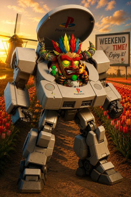 A PlayStation-themed mech robot with the iconic PS logo on its chest and open hatch, standing in a field of tulips with a windmill and 'WEEKEND TIME! Enjoy it!' sign in the background.