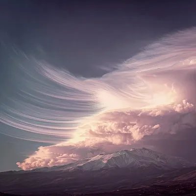 A dramatic sky with sweeping pink and white cloud formations over a snow-capped mountain landscape at sunset or sunrise.