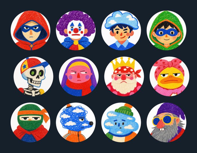 A grid of twelve hand-drawn, circular character illustrations featuring whimsical figures like a clown, skeleton, king, ninja, cloud-headed person, and others rendered in vibrant colors on a dark background. The collection appears to be a series of unique avatar-style NFTs or collectibles being offered free on a first-come, first-served basis to 2,431 collector wallets, with the "little world" theme reflected in each character's distinct, miniature personality.
