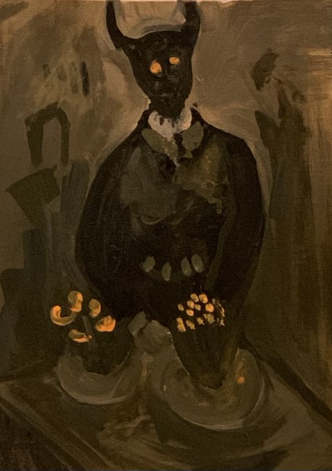 A dark, moody painting depicts a horned, shadowy figure in formal attire (complete with a collar and tie) holding a small bouquet of flowers, rendered in thick brushstrokes of olive green and black with glowing amber accents on the eyes and flowers—matching the "Orange in Black 7" edition mentioned in the post.