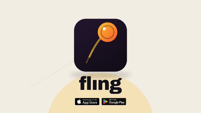 An app icon for "fling" featuring a stylized orange and yellow pin on a dark square background, with "Download on the App Store" and "GET IT ON Google Play" badges below.
