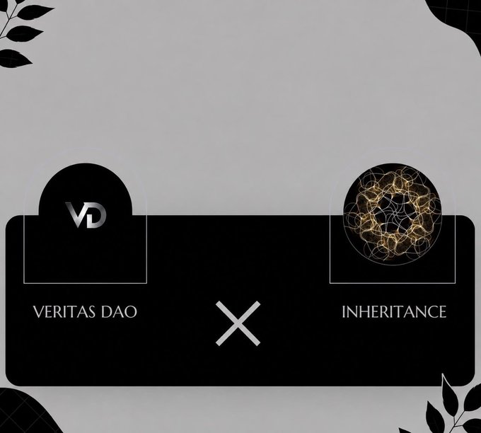 A promotional graphic announces a collaboration between 'VERITAS DAO' (with VD logo) and 'INHERITANCE' (with a gold network sphere logo), separated by an X symbol.