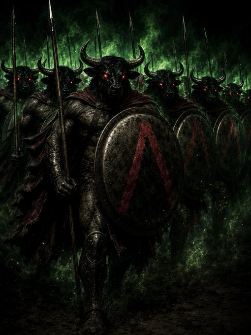 A phalanx of formidable bull-headed warriors, reminiscent of Spartans and bearing the Lambda symbol on their shields, march forward with spears and armor. This imagery aligns with the "bulls" mentioned in the post, likely referring to bullish market sentiment for the $ansem ticker.