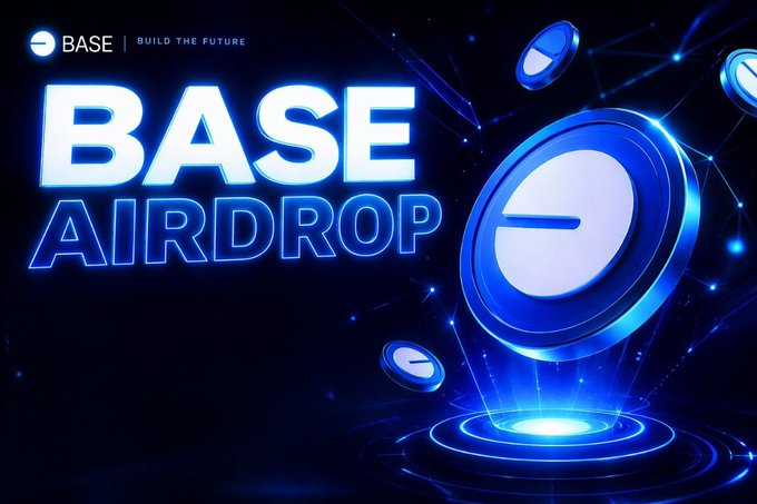 The image features a blue circle with a white dot, which appears to be a cryptocurrency token or coin. The text "Base Airdrop" is written above this token, indicating that it's related to an Airdrop project. The background of the image is dark and has various symbols scattered around, suggesting a futuristic theme. The caption reads: "Recently applied for the @baseapp Affiliate Program and now waiting for the review process to be completed. One thing I find interesting about Base is how much the ecosystem has expanded beyond being just a wallet."