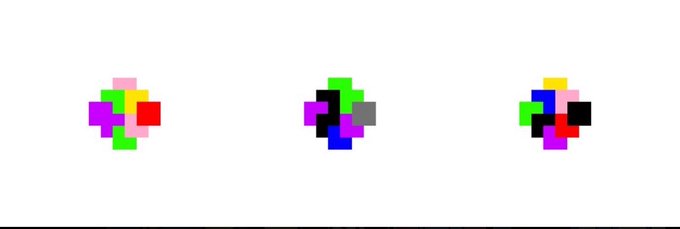 The image displays three pixel art clusters composed of small colorful cubes in pink, green, red, blue, yellow, black, and magenta, arranged as simple cubic compositions on a white background—likely representing sample pieces from the 10,000 generative pixel artworks in the PROOF_PIXELS NFT collection on Ethereum.