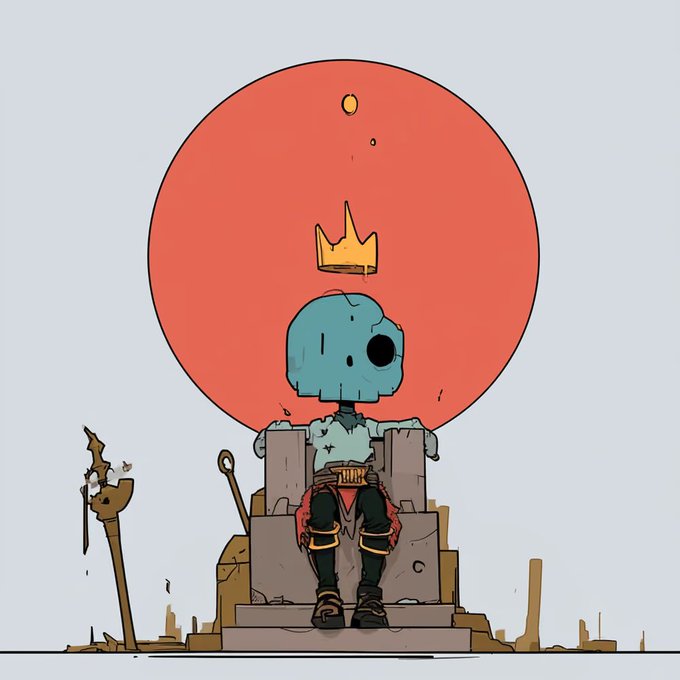A digital illustration shows a blue, skull-headed character wearing a small crown, sitting on a stone throne in front of a large red circle resembling a sun.