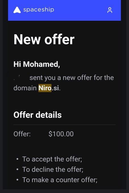 Mobile screenshot from Spaceship marketplace showing a new offer for the domain "Niro.si" addressed to Mohamed, with an offer amount of $100.00 and options to accept, decline, or counter.