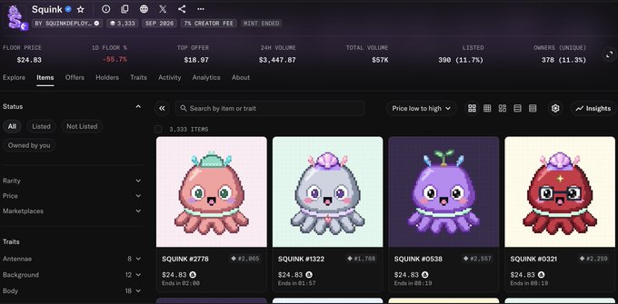 A screenshot of the NFT marketplace 'sQuink' by SQUINKGFLOY shows listings for four cute octopus-like characters with prices around $24.83 ETH and various marketplace statistics.