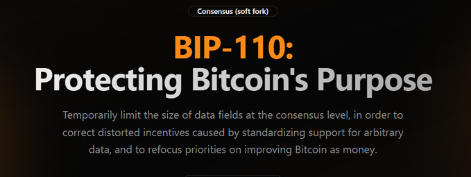 The image is a title card for BIP-110, displaying the text "BIP-110: Protecting Bitcoin's Purpose" with a subtitle explaining it as a "Consensus (soft fork)" proposal to "Temporarily limit the size of data fields at the consensus level, in order to correct distorted incentives caused by standardizing support for arbitrary data, and to refocus priorities on improving Bitcoin as money." The image visually reinforces the post's commentary by highlighting this specific Bitcoin Improvement Proposal aimed at restricting non-financial data storage on the blockchain.