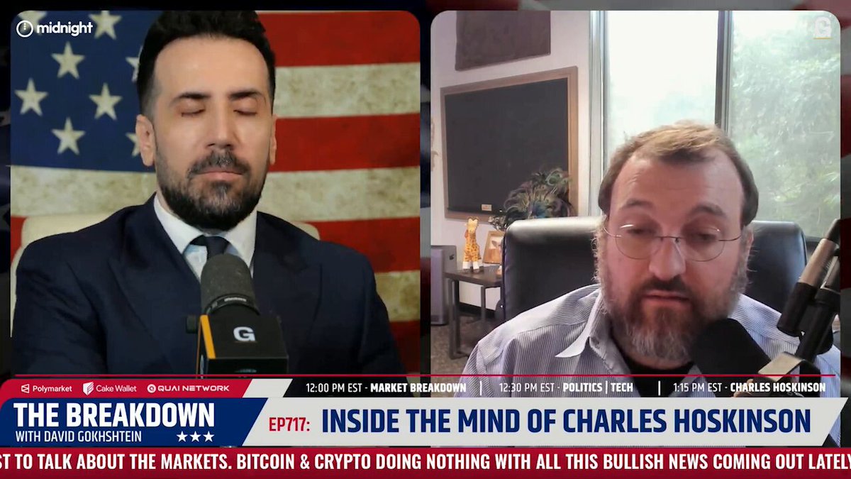 The image shows a news segment featuring two men discussing Charles Hoskinson's views on Bitcoin and cryptocurrency markets. The first man is wearing a suit and tie, while the second man has a beard and glasses. They are both sitting at a desk with a TV screen in front of them, which displays the news segment. The background includes an American flag and text that reads "The Breakdown" and "Inside the Mind of Charles Hoskinson".