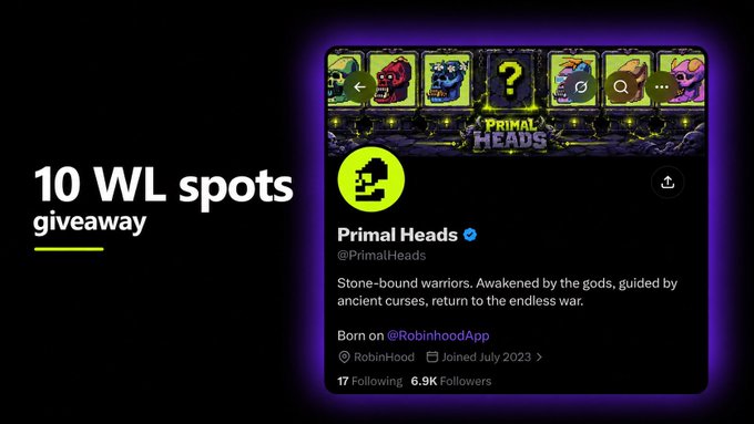 A promotional graphic for '10 WL spots giveaway' featuring a Roblox NFT project called 'Primal Heads' (@PrimalHeads), showing character artwork and Twitter profile details with 6.9K Followers.