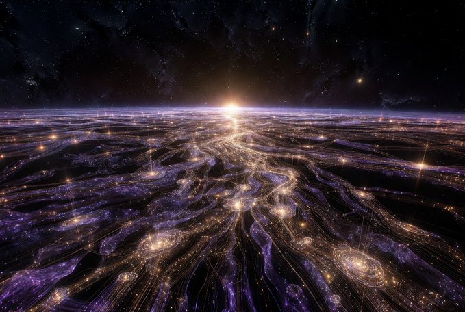 The image shows a futuristic cityscape filled with stars, planets, and lines of lights that appear like a starry night sky. The scene is set against a dark background, emphasizing the brightness and complexity of the celestial environment. The text "gm @quipnetwork has a strong roadmap for the rest of 2026" suggests that this image might be related to a project or event in the future involving blockchain technology or space exploration.