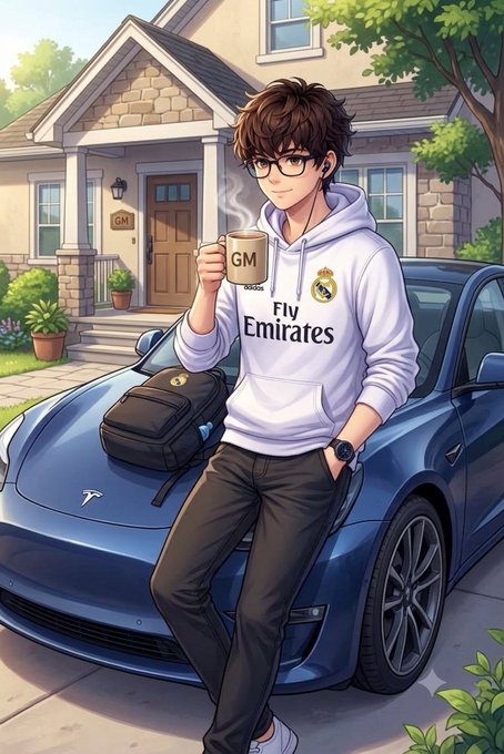 An anime-style illustration of a young man with glasses wearing a Real Madrid 'Fly Emirates' hoodie, holding a 'GM' mug while leaning against a Tesla car in front of a suburban house.