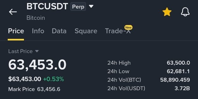 A trading interface screenshot showing the BTCUSDT Perp (Bitcoin) price at $63,453.00 (+0.53%) on a platform with tabs for Price, Info, Data, Square, and Trade-X, including 24h High, Low, and trading volumes.