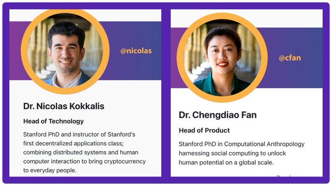 Profile cards for Dr. Nicolas Kokkalis (@nicolas), Head of Technology, and Dr. Chengdiao Fan (@cfan), Head of Product, with their educational backgrounds.