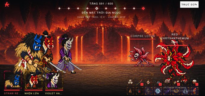 A screenshot from a video game shows a battle scene at 'DEN MẶT TRỜI ĐỊA NGỤC' (LEGEND) with characters facing monsters labeled 'CORPSE LOTUS' and 'RED CHRYSANTHEMUM GOD'.