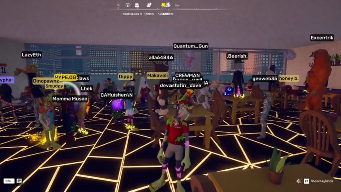 A crowded virtual reality game scene displays numerous avatars with usernames floating above them, including 'LazyEth', 'Quantum_Gun', 'alla64846', and 'Excentrik'.