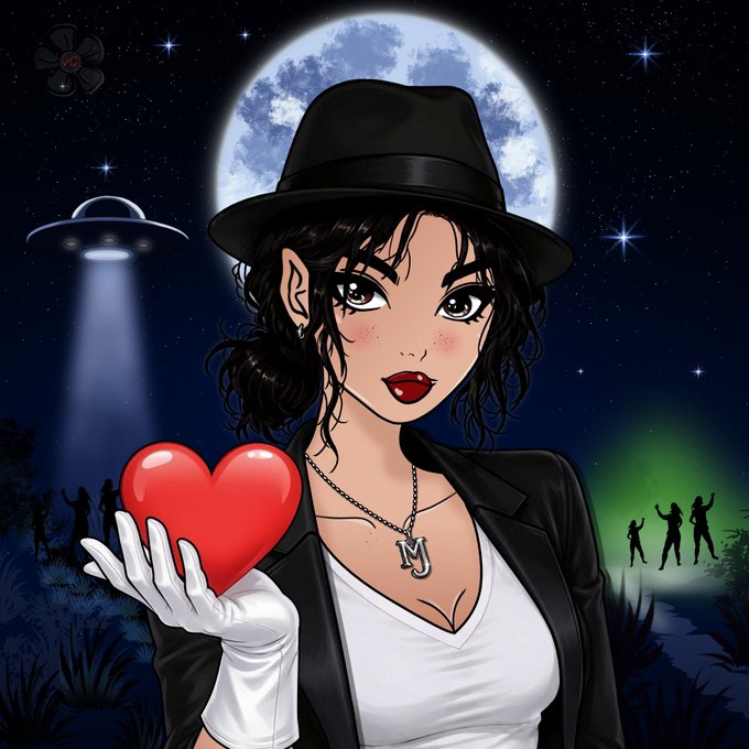 An anime-style illustration of a woman in a black fedora and blazer holding a red heart, wearing an 'MJ' pendant, set against a night sky with a full moon, UFO, and silhouetted figures.