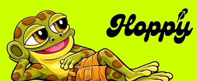 A cartoon frog with a lazy smile lounges in shorts next to the stylized text "Hoppy," with a small leaf replacing the dot on the "i," matching the $HOPPY memecoin promo for the Matt Furie-inspired token.
