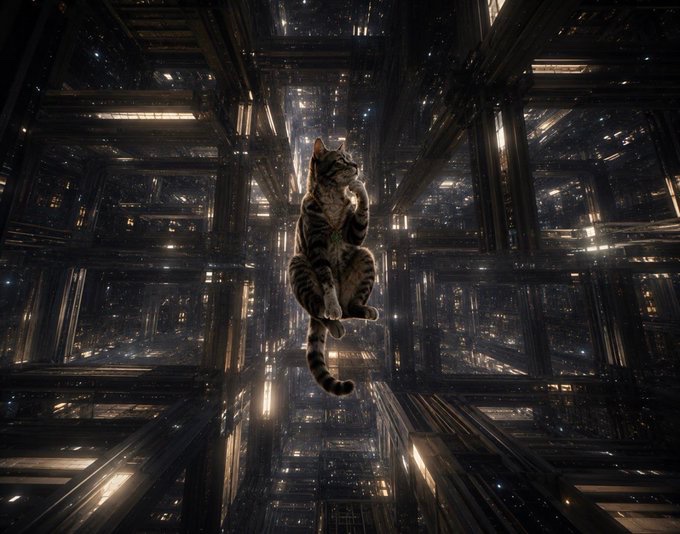 A cat floats weightlessly through a vast, infinite metallic structure reminiscent of a cosmic library or ship hull, gazing contemplatively. The image mirrors the post's $HMM token concept, depicting a thoughtful feline pondering timeless questions across an endless, possibly interdimensional space.