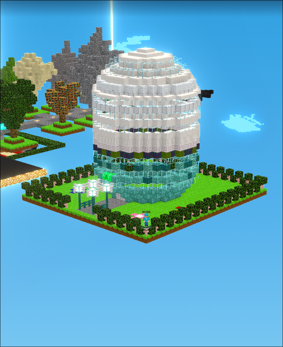 A voxel-based video game scene showing a large, layered dome-like structure with white tiers and a green base on a floating island surrounded by trees, with a small character standing at the entrance.