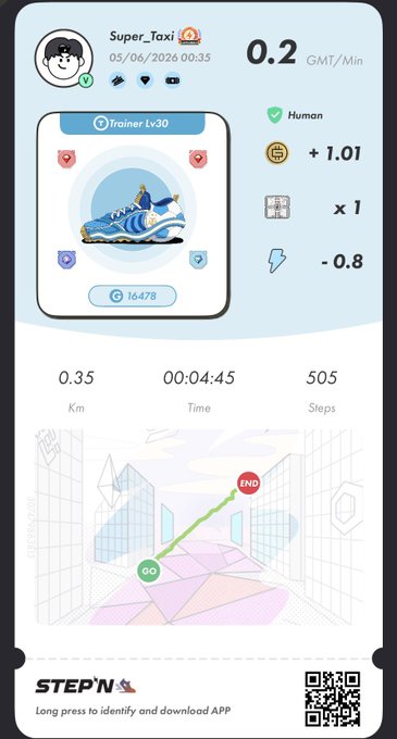 The image shows a phone screen displaying a step tracking app called "StepN" with a purple background, white text, and a cartoon character design. The app has been around for 1 year and has been used by 723,932 people. It is focused on helping users track their steps and encourages them to engage in physical activity through various games and challenges.