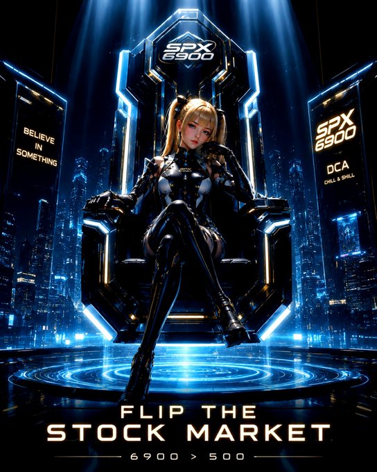 A futuristic promotional poster featuring a blonde anime-style character on a neon throne with 'SPX 6900' branding and the text 'FLIP THE STOCK MARKET 6900 > 500' alongside 'BELIEVE IN SOMETHING'.