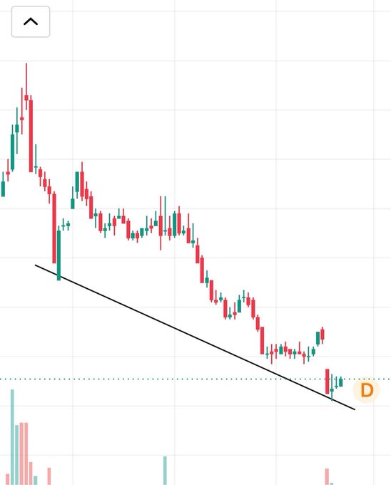 A candlestick chart shows a clear downtrend with a descending trendline connecting successive lower highs and lows, where price has recently broken below the support level (marked "D") and is showing signs of recovery, suggesting an attractive accumulation point for daily-monitored portfolio holdings.