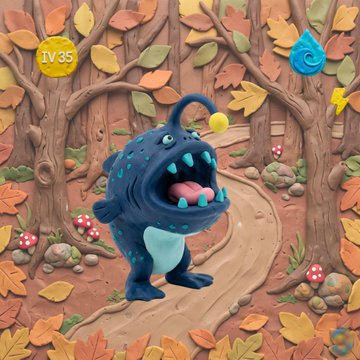 A 3D-rendered scene of a small blue monster with horns and a tongue sticking out, set in an autumn forest environment, with "LV 35" displayed in the upper left corner.