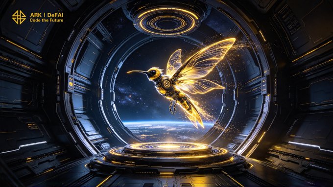 A futuristic spacecraft hangar frames a glowing golden, mechanical hummingbird hovering above a circular platform, with Earth visible in the background. In the upper-left corner, the text reads “ARK | DeFAI” and “Code the Future,” symbolizing quiet technological progress and development during Bitcoin’s low-volatility trading range.