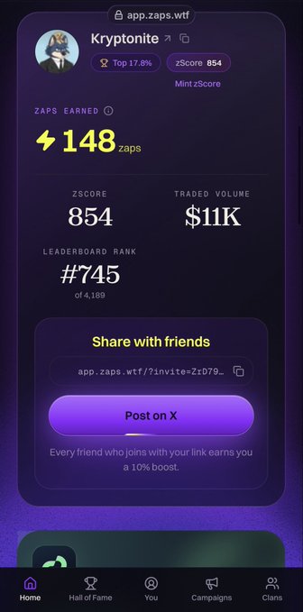 A mobile app screen from app.zaps.wtf shows a user profile for 'Kryptonite' with 148 zaps earned, a zScore of 854, and a rank of #745 out of 4,189.