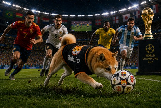 The image features a dog wearing a Shiba Inu soccer jersey, running towards a soccer ball that is placed near a trophy. The dog appears to be trying to kick the ball away from the trophy. The background of the image shows several people playing soccer on a field with a World Cup trophy visible in the distance.