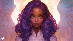 A digital illustration/portrait of a dark-skinned female figure with purple curly hair and large expressive eyes, flanked by white angel wings against a glowing background, with a small signature in the bottom left corner.