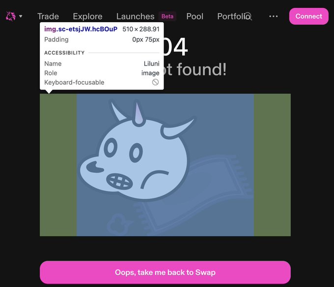 A screenshot of the Uniswap website showing a '404 Not found!' error message with a sad cartoon cow illustration and a pink 'Oops, take me back to Swap' button, while an accessibility tooltip displays image properties.