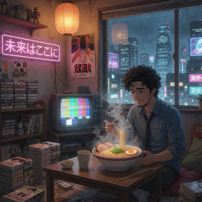 The image features an illustration of a man eating noodles at home, with a TV screen displaying static. There are several books scattered around him, indicating that he might be reading or studying while enjoying his meal. The scene takes place in a room filled with various objects such as a dining table and chairs, suggesting it is a cozy living space where the man can relax and enjoy his time.