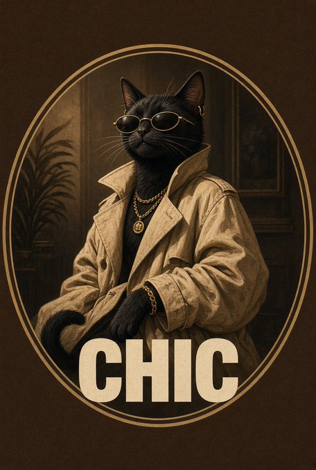 Sepia-toned oval portrait illustration of a black cat wearing sunglasses, gold chains, and a trench coat with the word "CHIC" printed at the bottom.