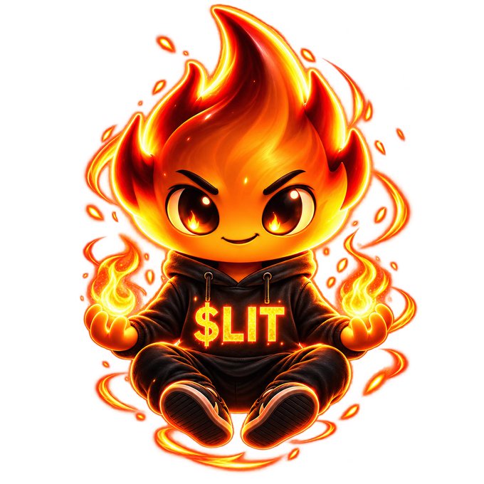 A cartoon flame-headed character sits cross-legged wearing a black hoodie emblazoned with "$LIT," holding fireballs in each hand. The fiery mascot visually represents the $LIT ticker and contract address, reinforcing the post's urgent message to engage with the token.