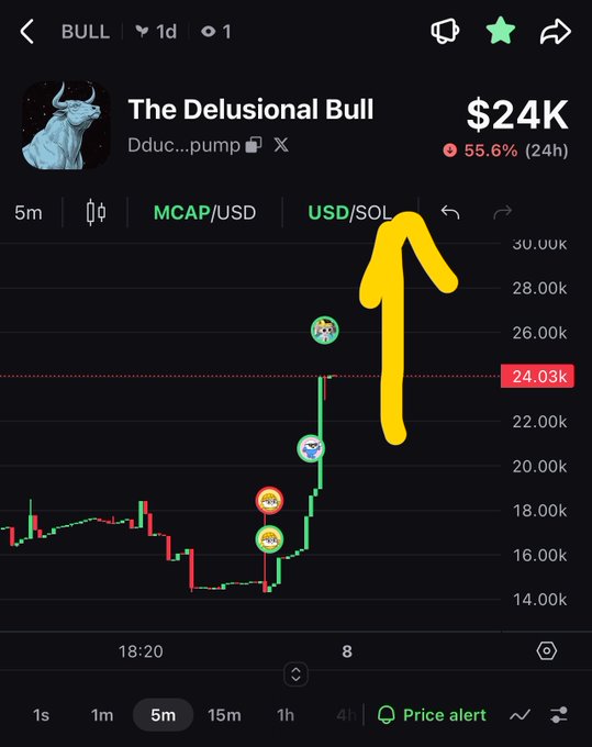 A DexScreener chart for the meme token 'The Delusional Bull' (BULL) showing a market cap of $24K with a 55.6% increase in 24 hours.
