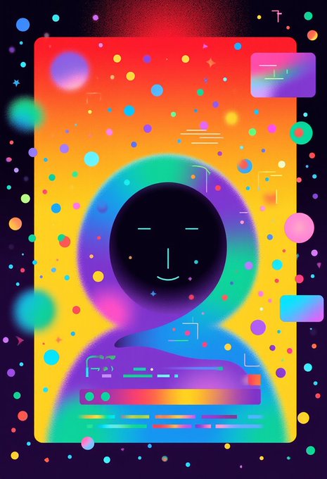 A vibrant, neon-colored digital illustration featuring a dark silhouette figure surrounded by a rainbow gradient, colorful dots, and abstract tech-like UI elements.
