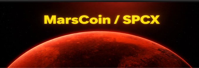 A banner image featuring a red-hued Mars planet against a dark starry background, with the glowing yellow text "MarsCoin / SPCX" displayed at the top to promote the BSC-based token ($MarsCoin) mentioned in the post.