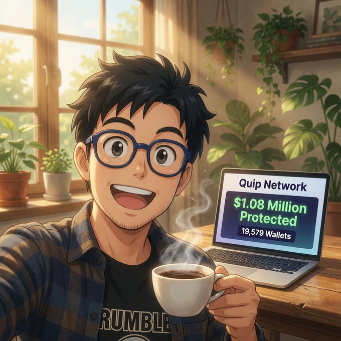 In this digital illustration, a young man wearing glasses and a black shirt is smiling while holding a coffee cup. He's sitting at a desk with a laptop open next to him. There are multiple plants behind the young man that add greenery to the scene. The post also mentions several numbers, possibly the ones related to the Quip Network's assets or wallet information, but these details are not explicitly shown in the image itself.