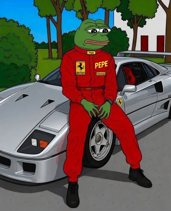Pepe the Frog, dressed in a red Ferrari racing suit labeled "PEPE" and "Ferrari," sits on the hood of a silver Ferrari F40, embodying the post's message that $PEPE holders view market dips as mere pit stops before speeding past the competition.