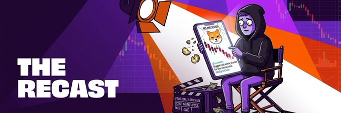 Banner for 'THE RECAST' podcast showing a cartoon character examining a meme coin on their phone while sitting in a director's chair.