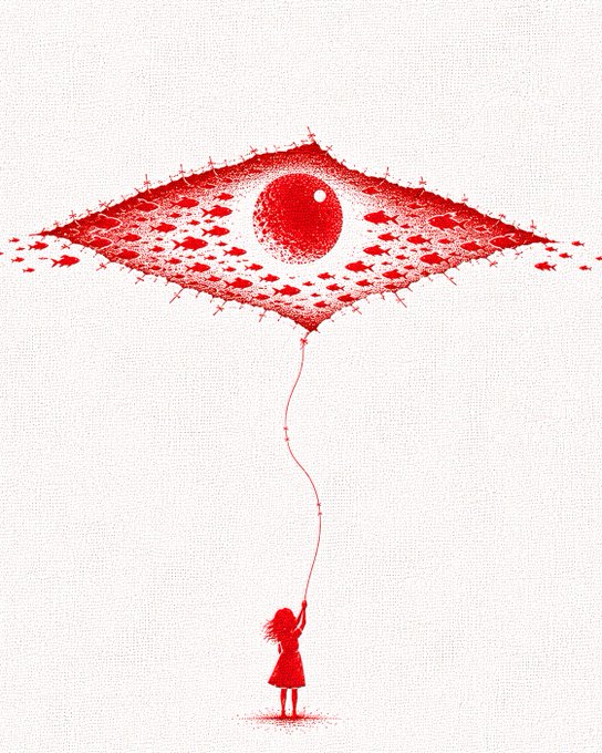 A small girl in a red dress holds a string tethered to a massive red eye-shaped kite, rendered in a sketchy, monochromatic style on a textured white background. The artwork evokes a surreal sense of wonder, fitting its title "Dream Keeper" as a 1/1 NFT piece on Objkt, blending themes of imagination and vigilance.