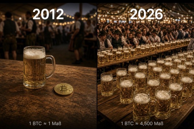 A split-image comparison shows a single beer stein next to a Bitcoin token labeled "2012" with text "1 BTC ≈ 1 Maß," contrasted against a 2026 scene of massive beer steins filling long tables with text "1 BTC ≈ 4,500 Maß," illustrating Bitcoin's dramatic appreciation in value against Munich Oktoberfest beer prices.