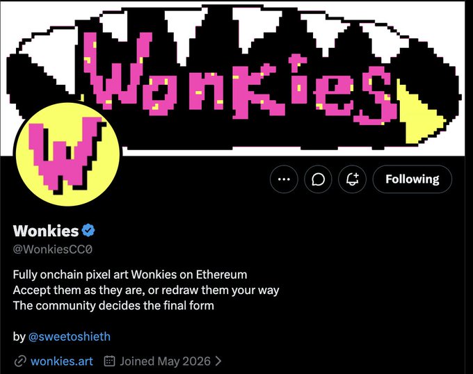 The image displays a Twitter/X profile page for "Wonkies" (@WonkiesCC0), featuring pixel art branding in pink and yellow, with the bio describing it as "Fully onchain pixel art Wonkies on Ethereum" created by @sweetoshieth, directly promoting the upcoming 3,000 supply Ethereum mint raffle mentioned in the post.