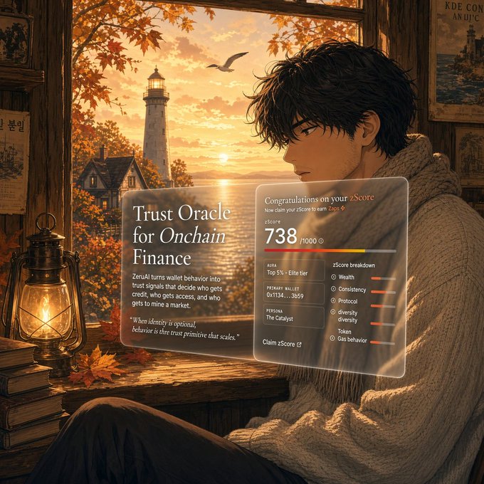 An anime-style illustration shows a young man in a knit sweater looking out a window at a lighthouse at sunset, with an overlaid interface reading 'Trust Oracle for Onchain Finance' and showing a 'zScore' of 738/1000.
