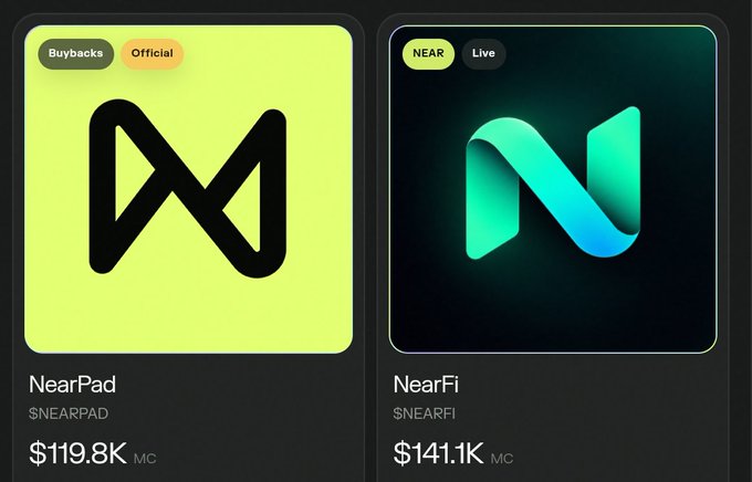 Two cryptocurrency token listings displayed side by side: NearPad ($NEARPAD) at $119.8K market cap on a yellow background, and NearFi ($NEARFI) at $141.1K on a dark gradient background.