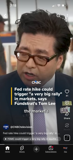 A CNBC TikTok video screenshot featuring Tom Lee with the headline 'Fed rate hike could trigger "a very big rally" in markets, says Fundstrat's Tom Lee'.