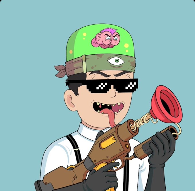 A cartoon character wearing a green helmet with a brain graphic, pixelated "deal with it" sunglasses, and a white shirt with suspenders is shown holding a vintage-style gun with a red plunger attachment, his tongue hanging out in a mischievous grin. The image's rebellious, no-rules attitude aligns with the post's message about driving dirty with no rules.